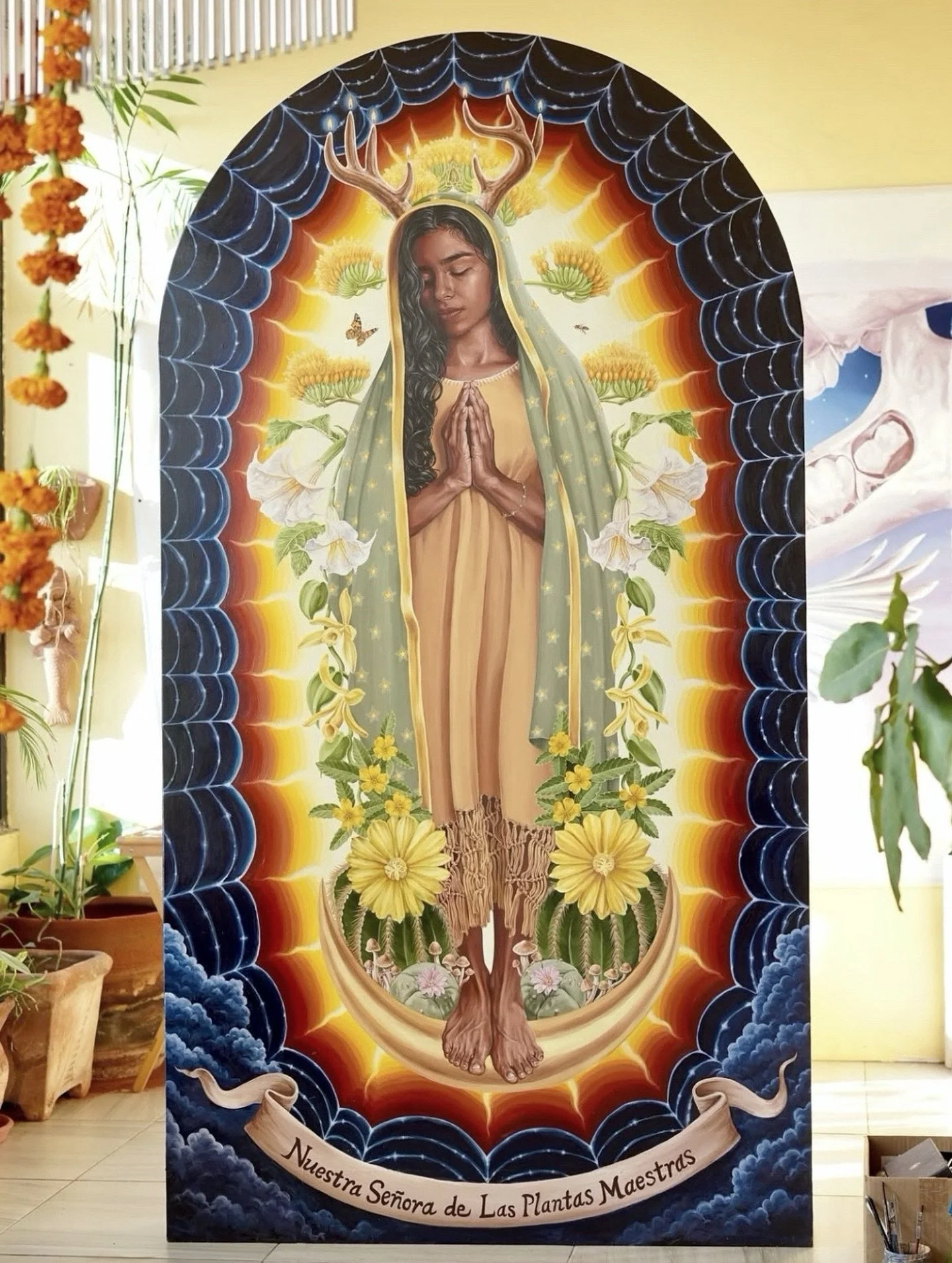 Artwork by @maggie.eileen.creating who writes: &ldquo;La Virgen de Guadalupe appeared in 1531 to an indigenous man during the settler colonial invasion from Spain &amp; the largest genocide in the history of what is now called Mexico.

Some believe s