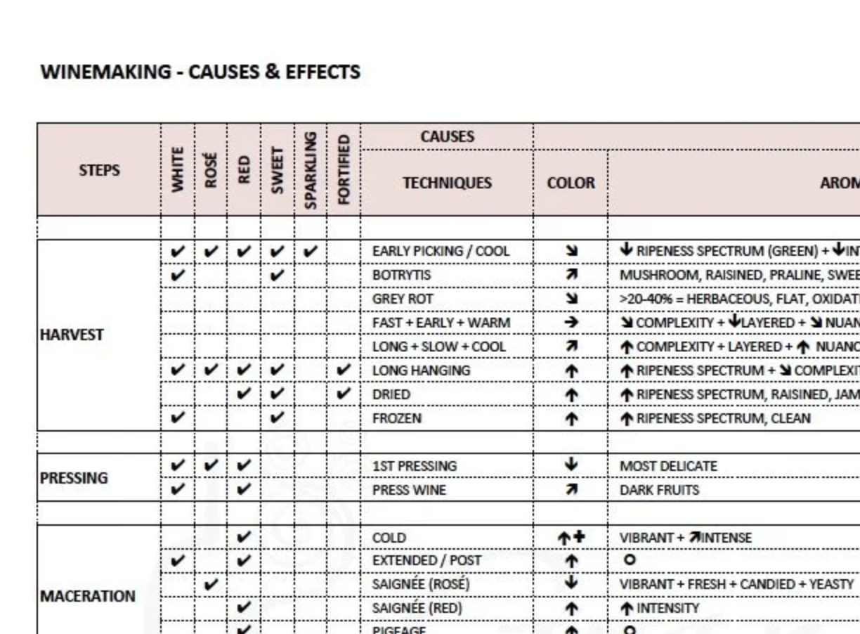 Winemaking &amp; Style, a Table on its Causes &amp; Effects…