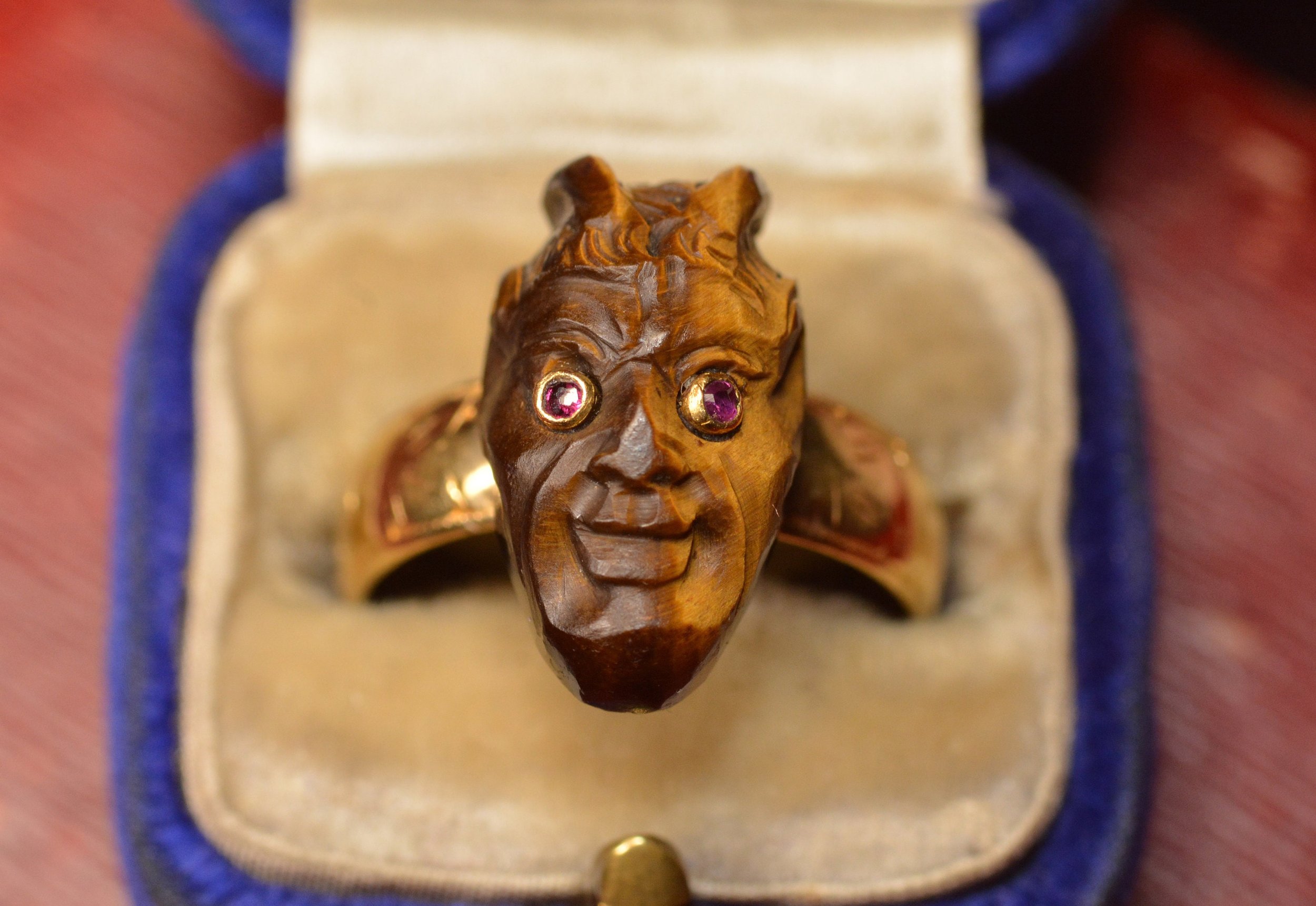 Amazing Antique Craved Tigers Eye, Depicting Pan on a 22ct Chased Gold Band. Figural Ring. God of Fertility