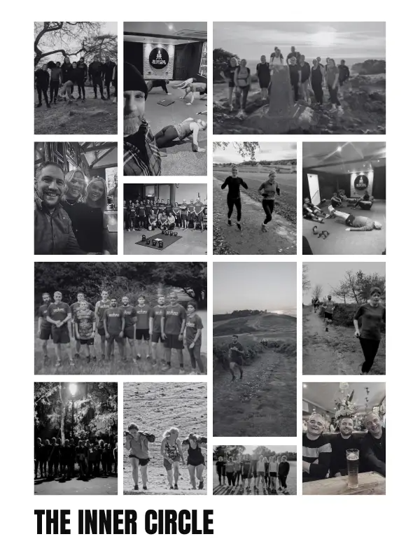 A collage of black-and-white photos showing various groups of people engaging in different activities outdoors, including hiking, running, socializing, and participating in team sports, with the title "The Inner Circle" at the bottom.