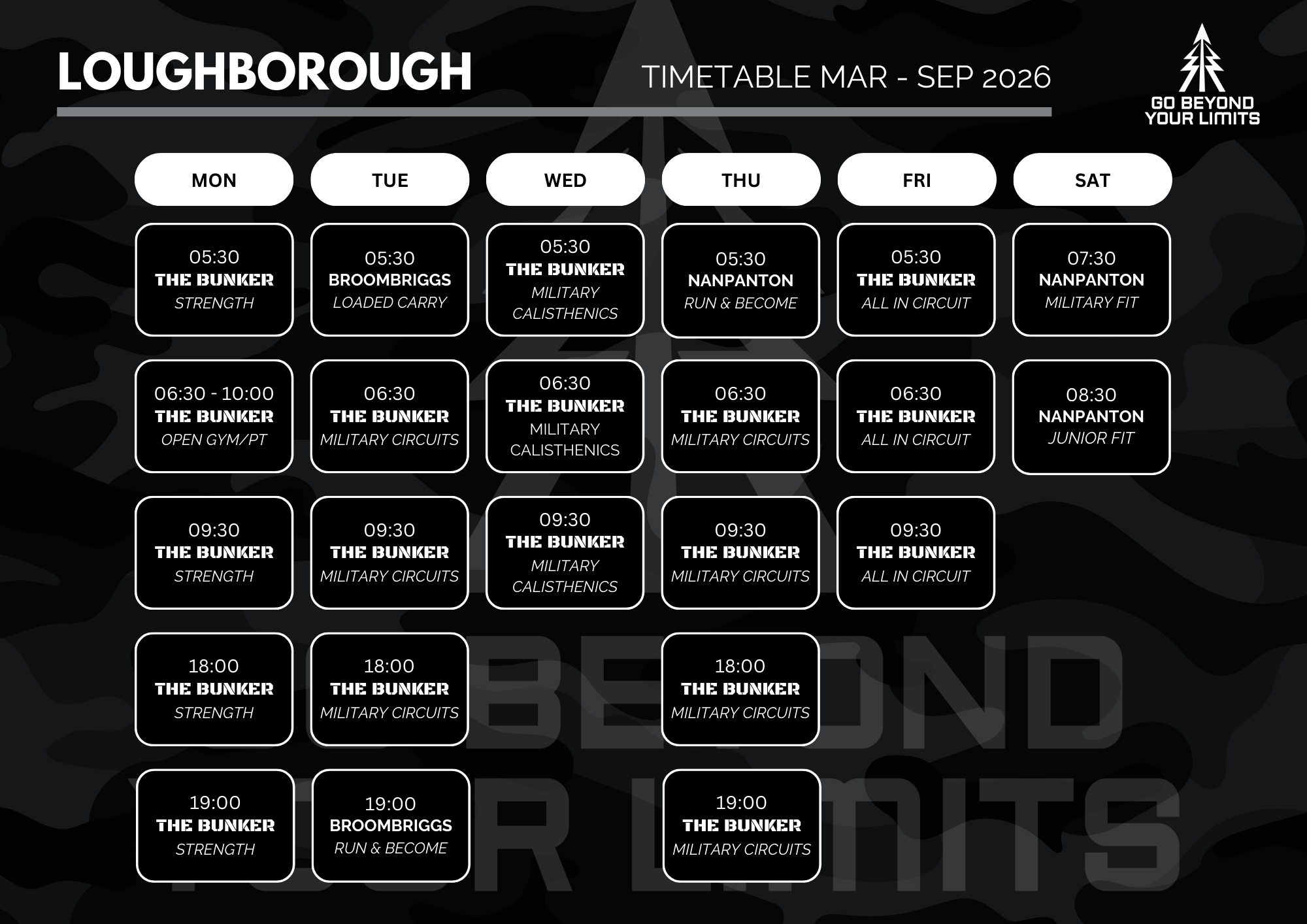 timetable schedule for Loughborough March to September 2026, showing weekly gym classes at The Bunker and Nanpanton, with times, activities, and tags like Strength, Military Circuits, and Run & Become.