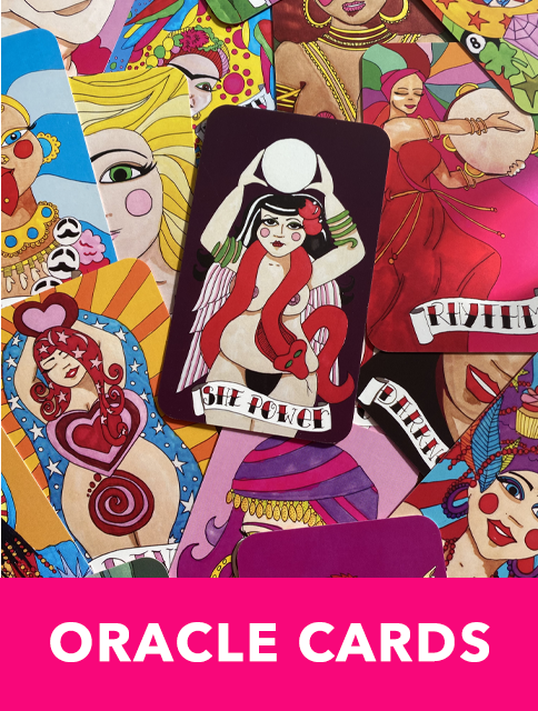 Colorful collection of tarot or oracle cards featuring diverse women with various hairstyles and outfits, some with words like 'She Power' and 'Feminine Power,' set against a bright pink background with the bold text 'ORACLE CARDS'.