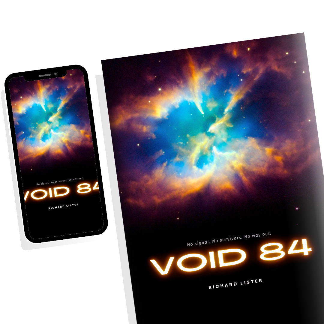 Book cover and smartphone screen displaying the title 'VOID 84' with a nebula or cosmic explosion in the background, and the author Richard Lister's name.