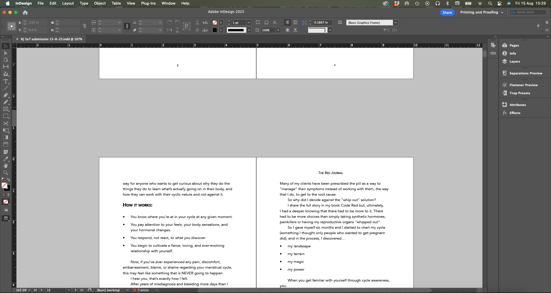 Open Adobe InDesign document showing pages 8 and 9 of a publication titled 'The Red Journal', with text about cyclical nature of health, symptom management, and personal experiences.