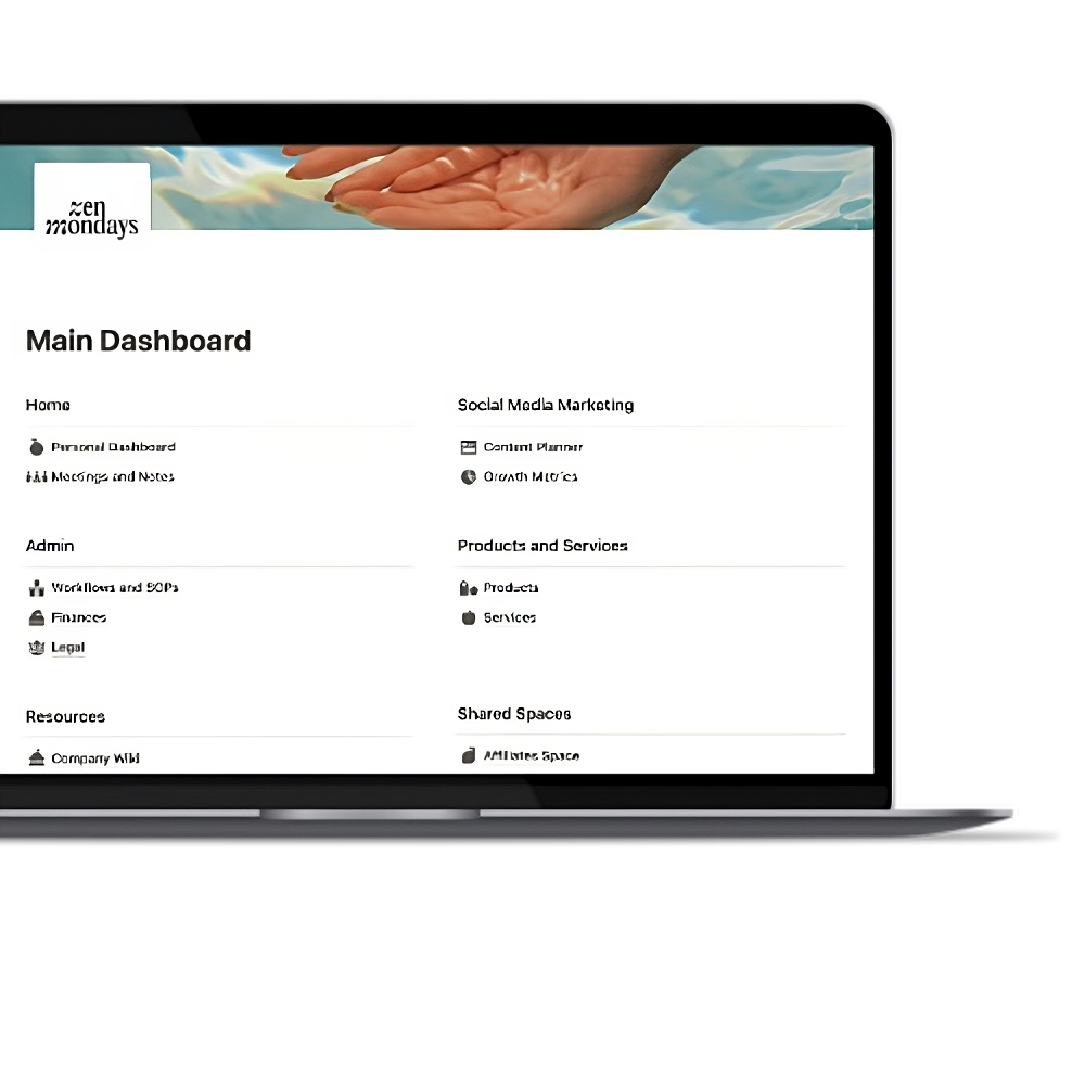 Laptop displaying a website titled "Zen Mondays" with a main Notion dashboard layout, featuring sections for home, admin, social media marketing, products and services, resources, and shared spaces for a business or agency Notion.