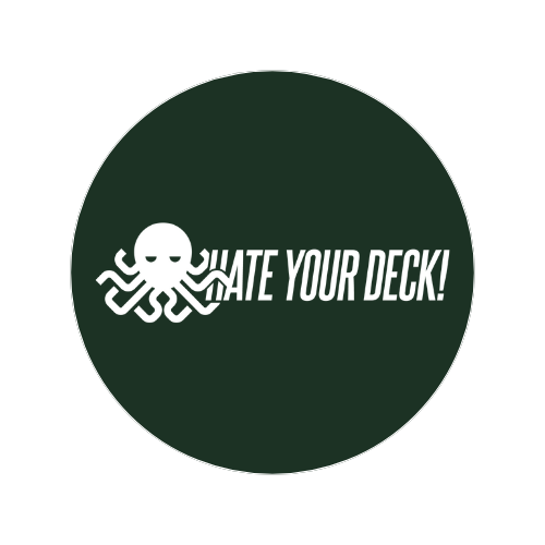 Logo featuring a stylized octopus and the text 'Hate Your Deck' on a dark green circular background.