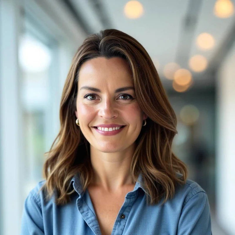 A smiling woman with shoulder-length brown hair, wearing a blue button-up shirt, in a modern indoor setting with blurred background lights.