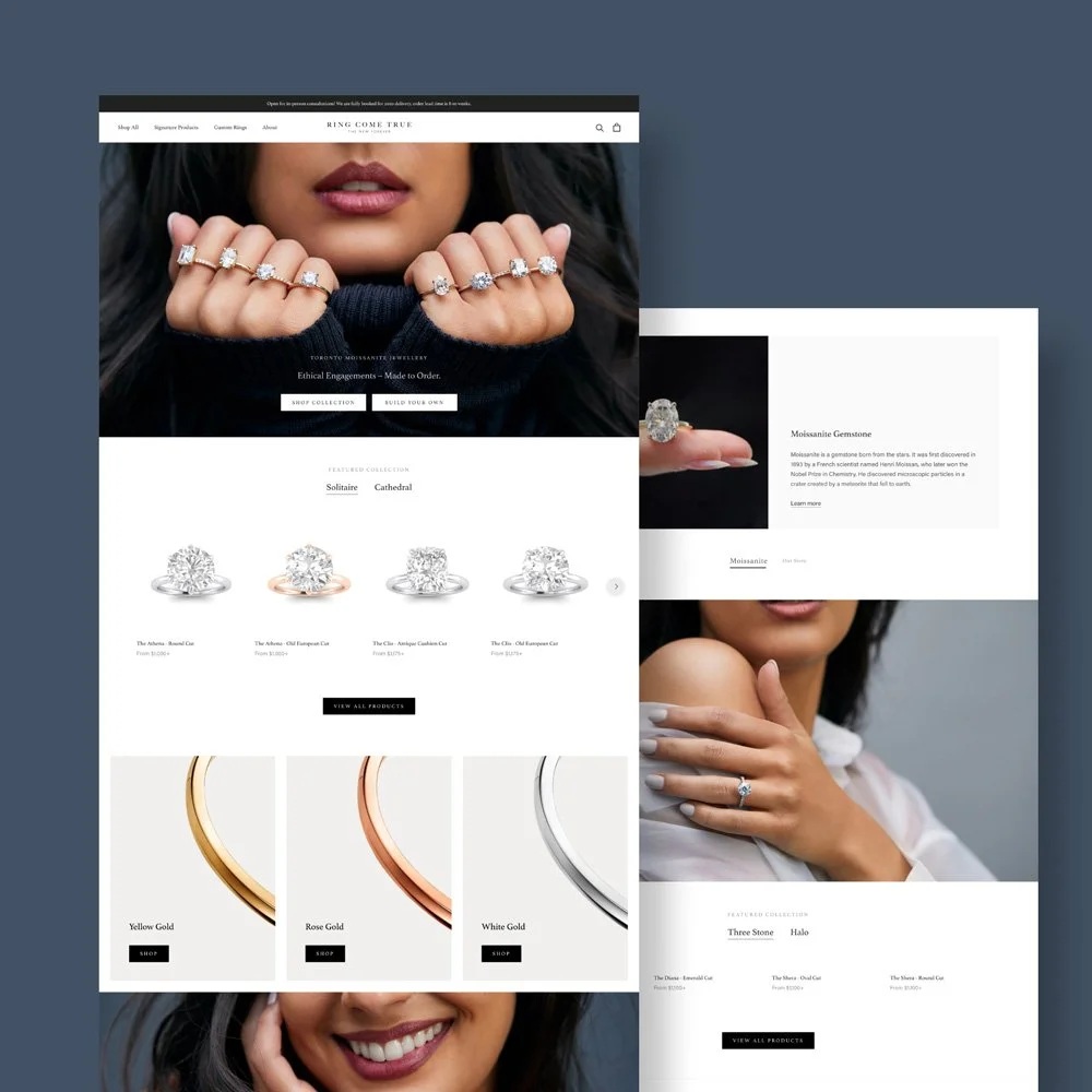 Screenshot of a jewelry website showcasing diamond rings and gold band jewelry, with images of women wearing rings.