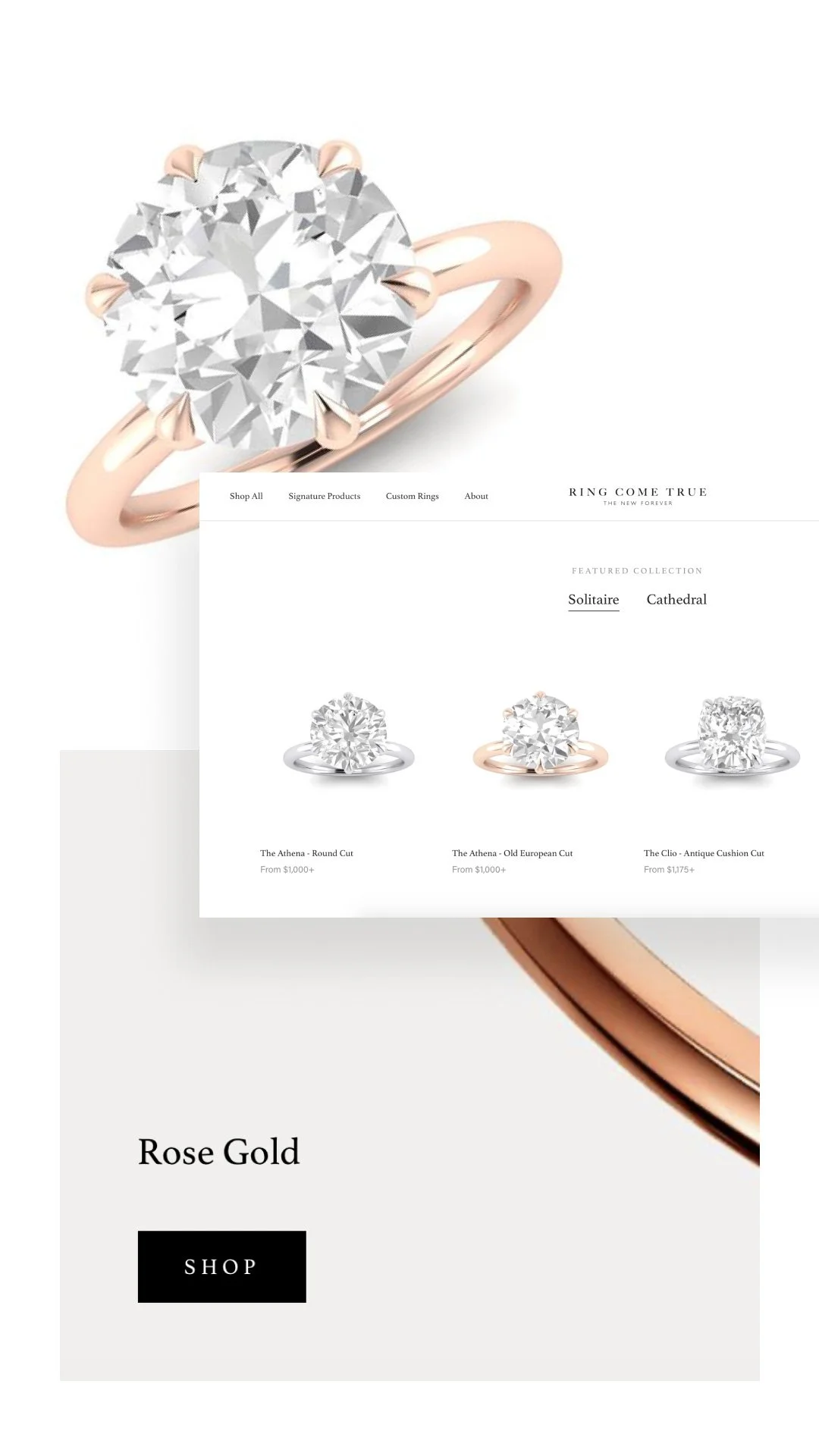 Close-up of a diamond engagement ring with a rose gold band on a white background, with an overlay of a jewelry website featuring diamond rings and a section promoting rose gold jewelry.