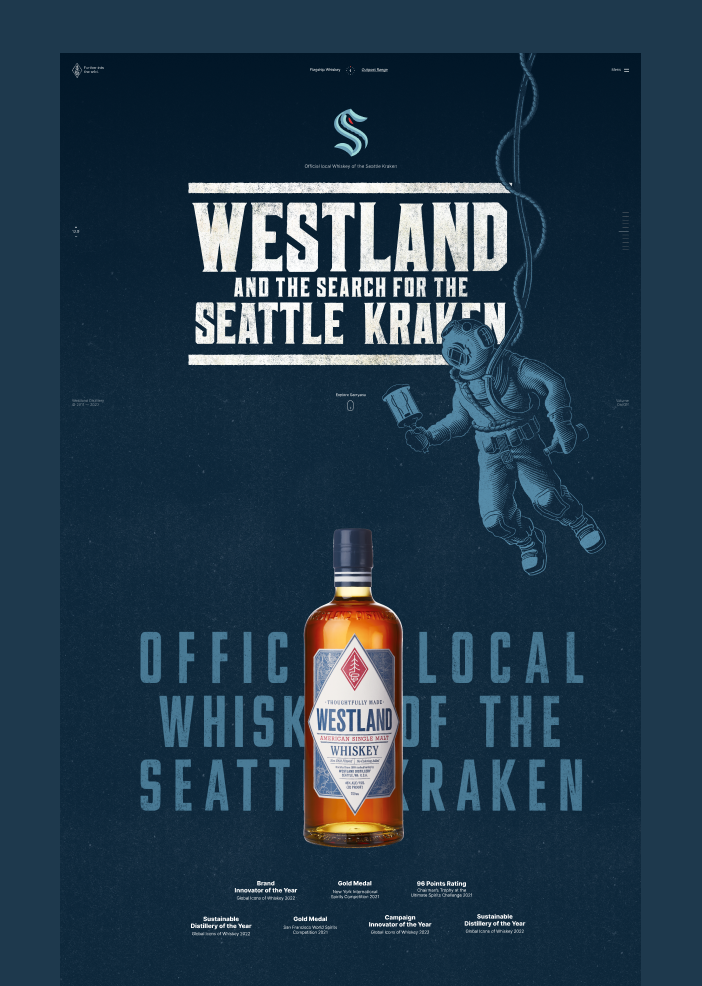 A promotional webpage for Westland whiskey featuring a blue background with an illustration of a diver and a bottle of whiskey in the foreground.