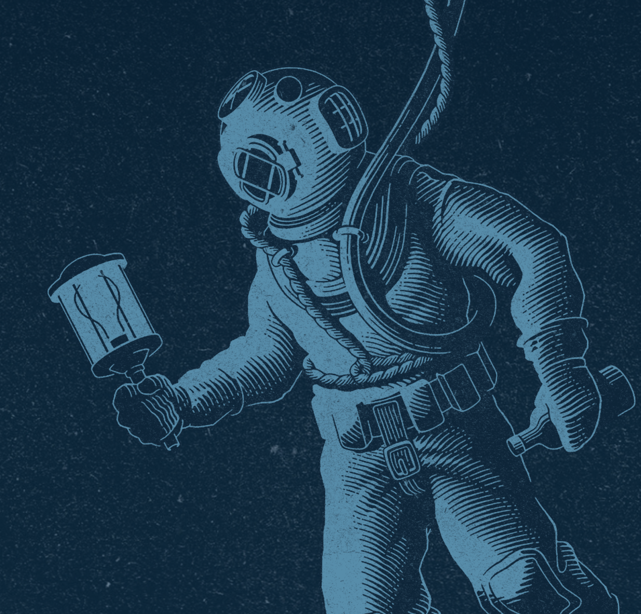 An illustration of a scuba diver in a suit holding a flashlight, with a background resembling a starry night sky.