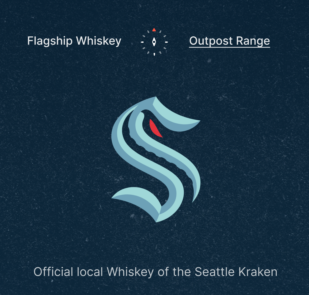 Logo of the Seattle Kraken featuring a stylized icy blue and dark blue Kraken tentacle with a red eye, underneath the text "Official local Whiskey of the Seattle Kraken" on a dark, speckled background.