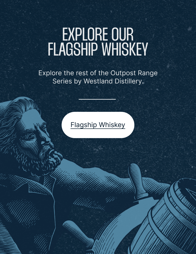 Illustration of a bearded man with long hair steering a boat, with the text "Explore our flagship whiskey" and a button labeled "Flagship Whiskey" against a starry night background.