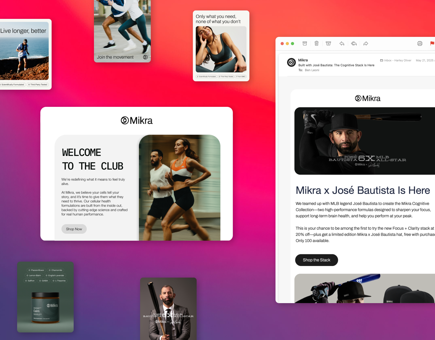 Digital collage featuring various promotional and lifestyle images, including a man running by the water, people exercising, a woman smiling with a caption about needs, a website page about a fitness club, a sports member, and a collaboration between Mikra and Jose Bautista with sports gear and health products.