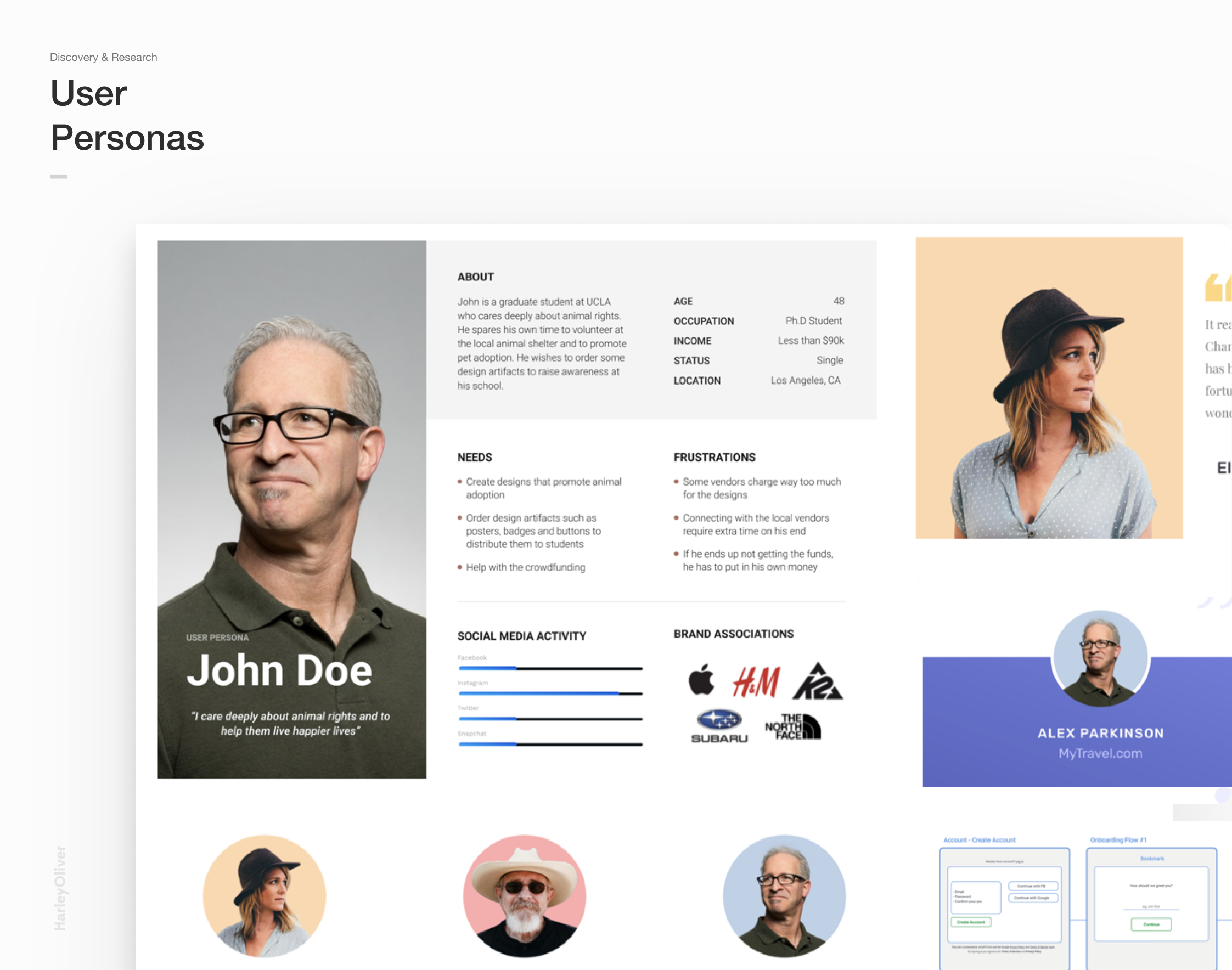 User personas infographic featuring two individuals: a man labeled John Doe with glasses and a quote about animal rights, and a woman in a hat, along with social media activity and brand association icons, and smaller profile images.