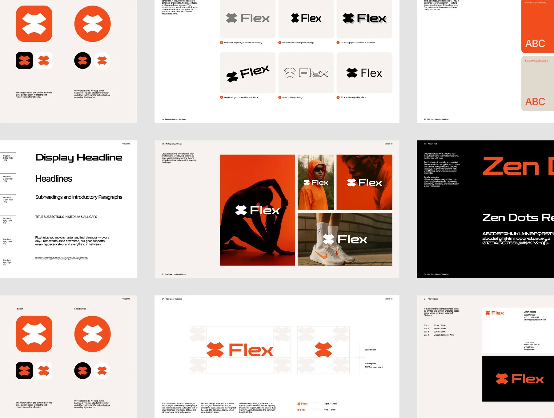 Collection of branding guidelines and logo designs for the company 'Flex', including logo variations, color schemes, font choices, and photography style.