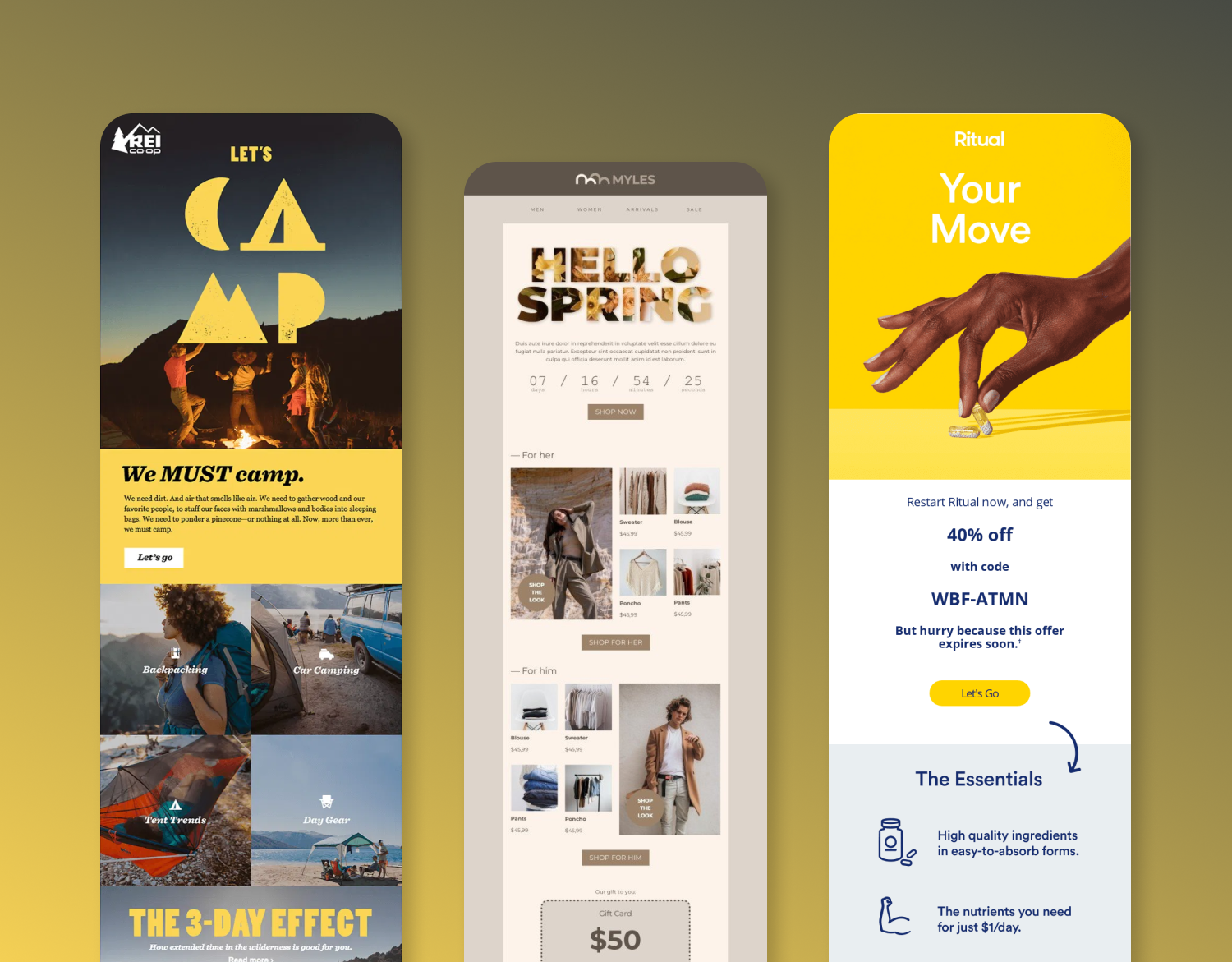 Three mobile app screens with outdoor and spring themes, including camping, shopping, and fitness promotions.