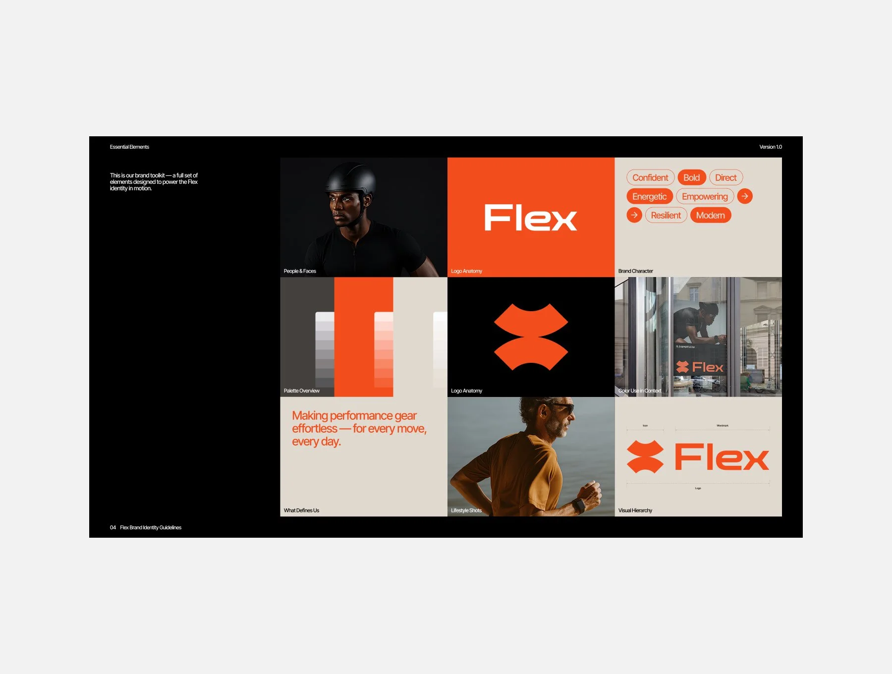 Brand guideline presentation slide for 'Flex' featuring logos, color palette, brand character, and lifestyle images of people, with orange and beige color schemes, and text emphasizing performance and branding elements.