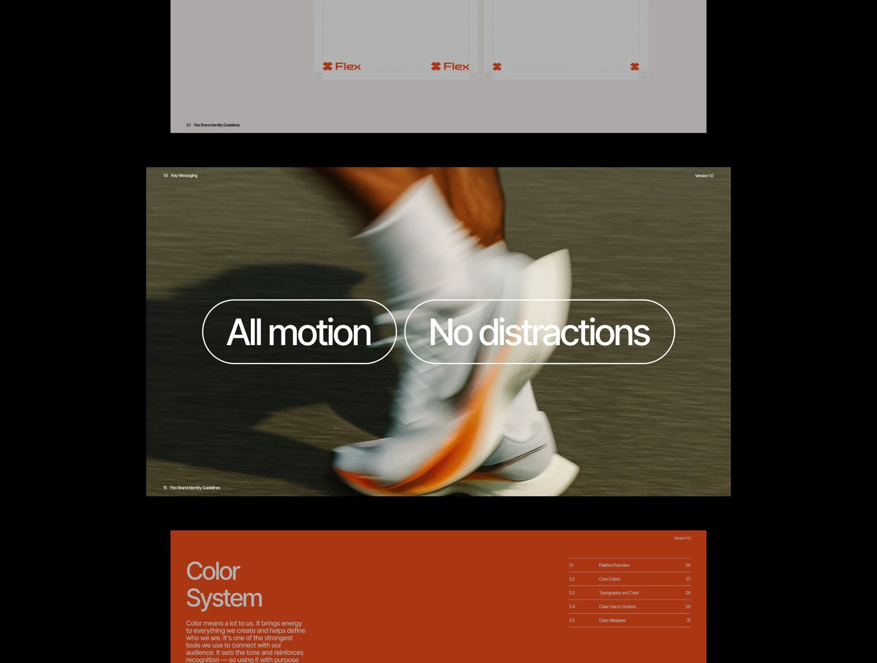 Page featuring a blurred image of a person running, with the text 'All motion' and 'No distractions' overlaid, and a section titled 'Color System' with orange background and white text.