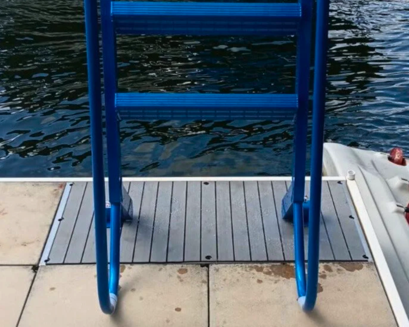 Aluminum dock plate installed for mounting WetSteps ladders and dock accessories on floating dock by K+R Manufacturing