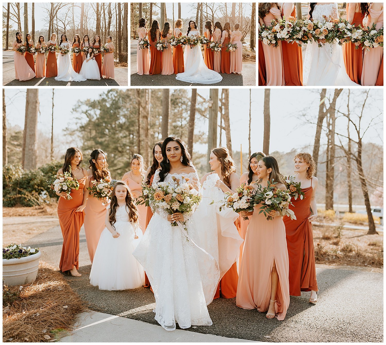 bridesmaids in mismatched peach orange color dress birdy grey