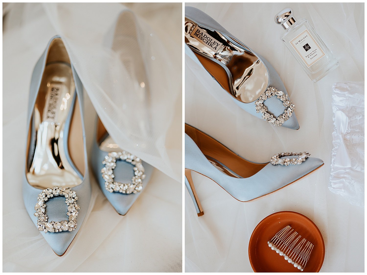 mischka badgley bridal blue shoes and jo malone perfume bottle brides details