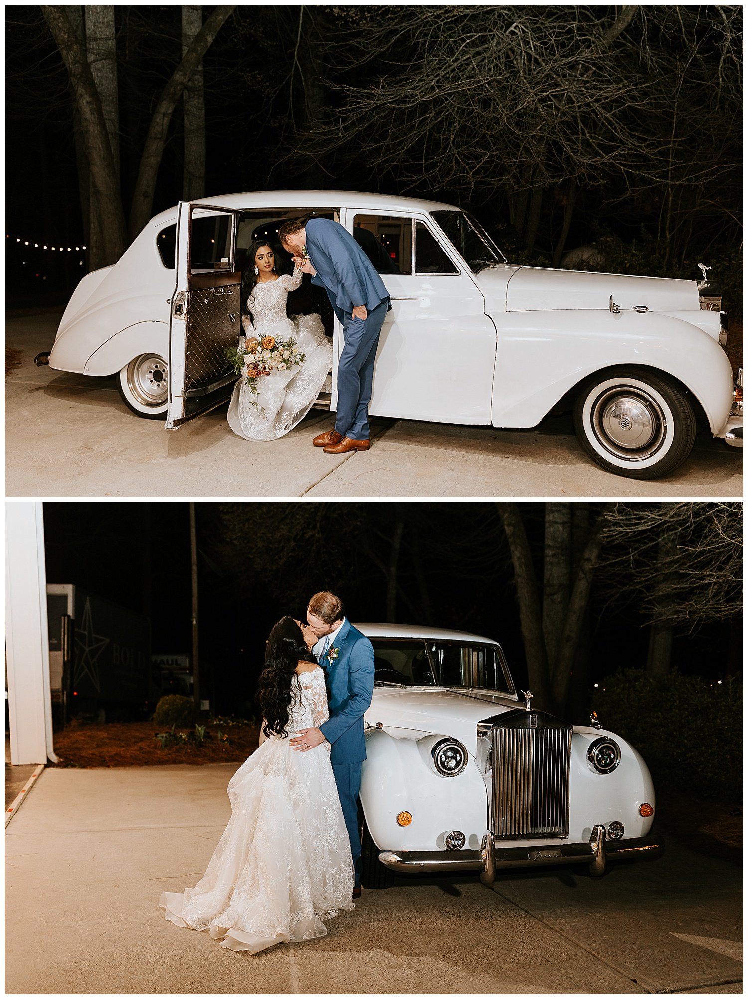 classic elegance white vintage rolls royce car with a bride and groom portraits at night