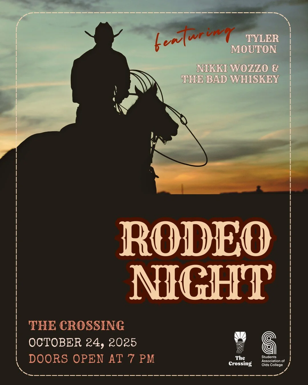 ππ¨πππ¨ ππ’π π‘π ππ ππ‘π ππ«π¨π¬π¬π’π§π  — ππππ¨πππ« ππ 
Hold onto your hats, Olds — it’s time to kick up some dust!
Join us at The Crossing at Olds College for a night of jackpot rodeo action, live music, and Wes