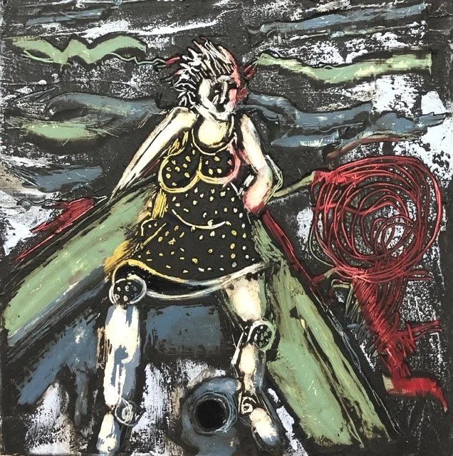 "Staying Afloat: Woman Adrift", Oil and cold wax on cradled board, 6"x 6", 2021