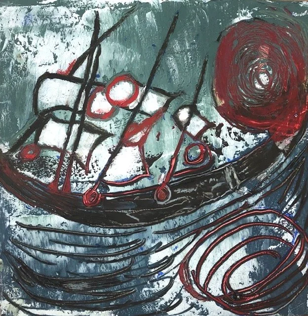"Staying Afloat: On a Rough Sea", Oil and cold wax on cradled board, 6"x 6", 2021