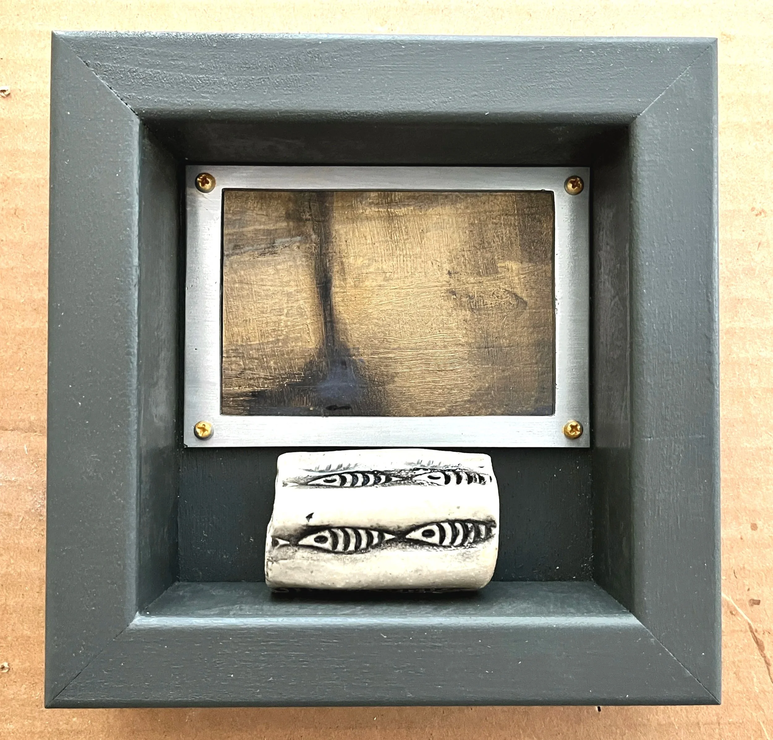 "Swimming in Deep Water Shrine", Mixed Media, artist's oil painting and ceramic, with interior frame in a cradled board, 6"x6", 2026