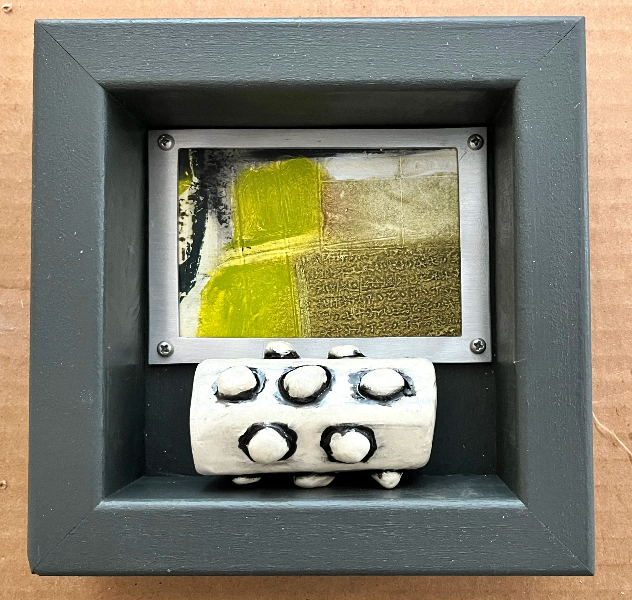 "It's Been a Bumpy Road Shrine", Mixed Media, artist's ceramic and oil painting with interior frame in a cradled board, 6"x6", 2026