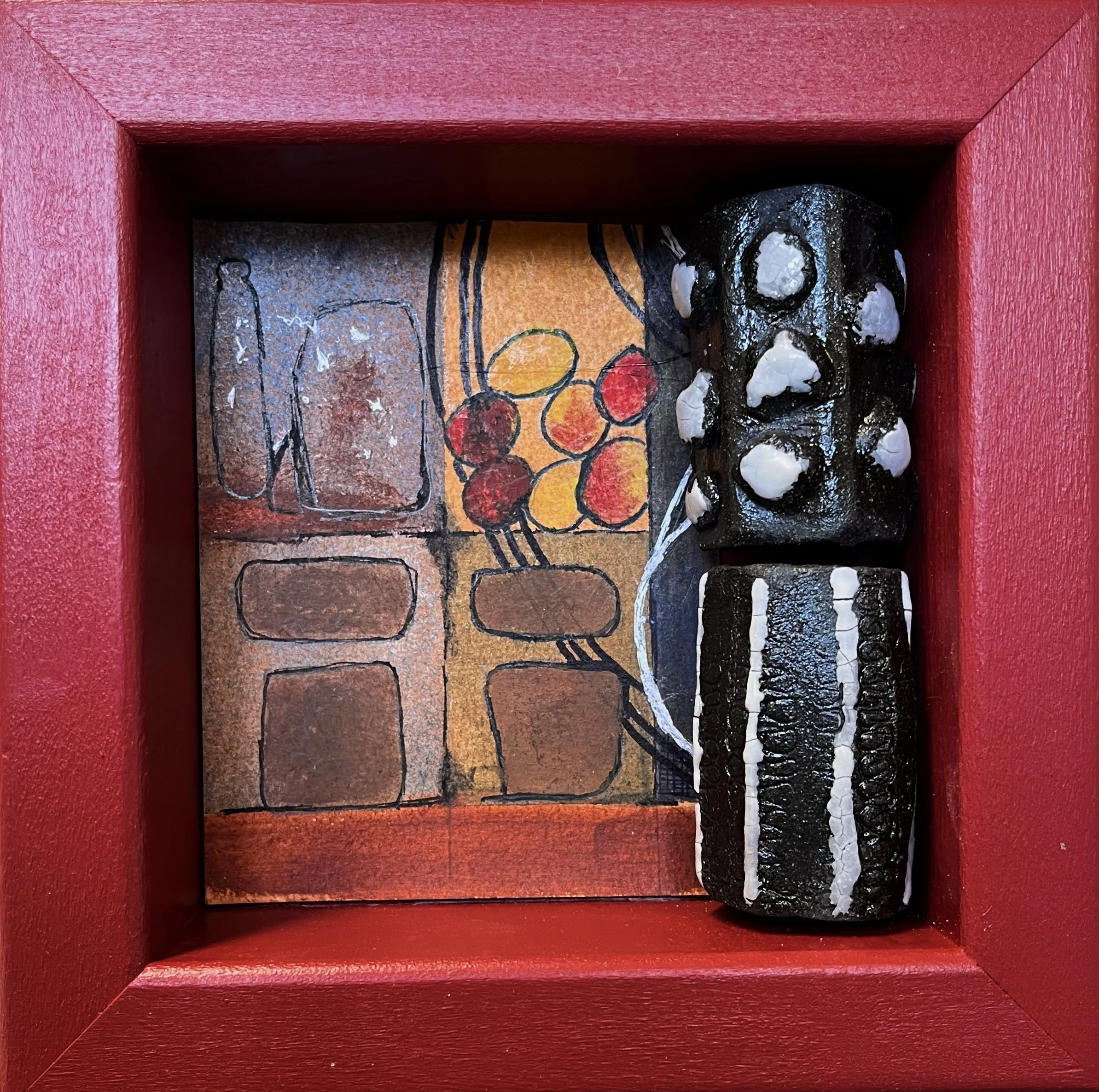 Curiosities Shrine, Mixed Media Ceramic with Oil Painting on Paper, 6"x6"x1.5", 2025