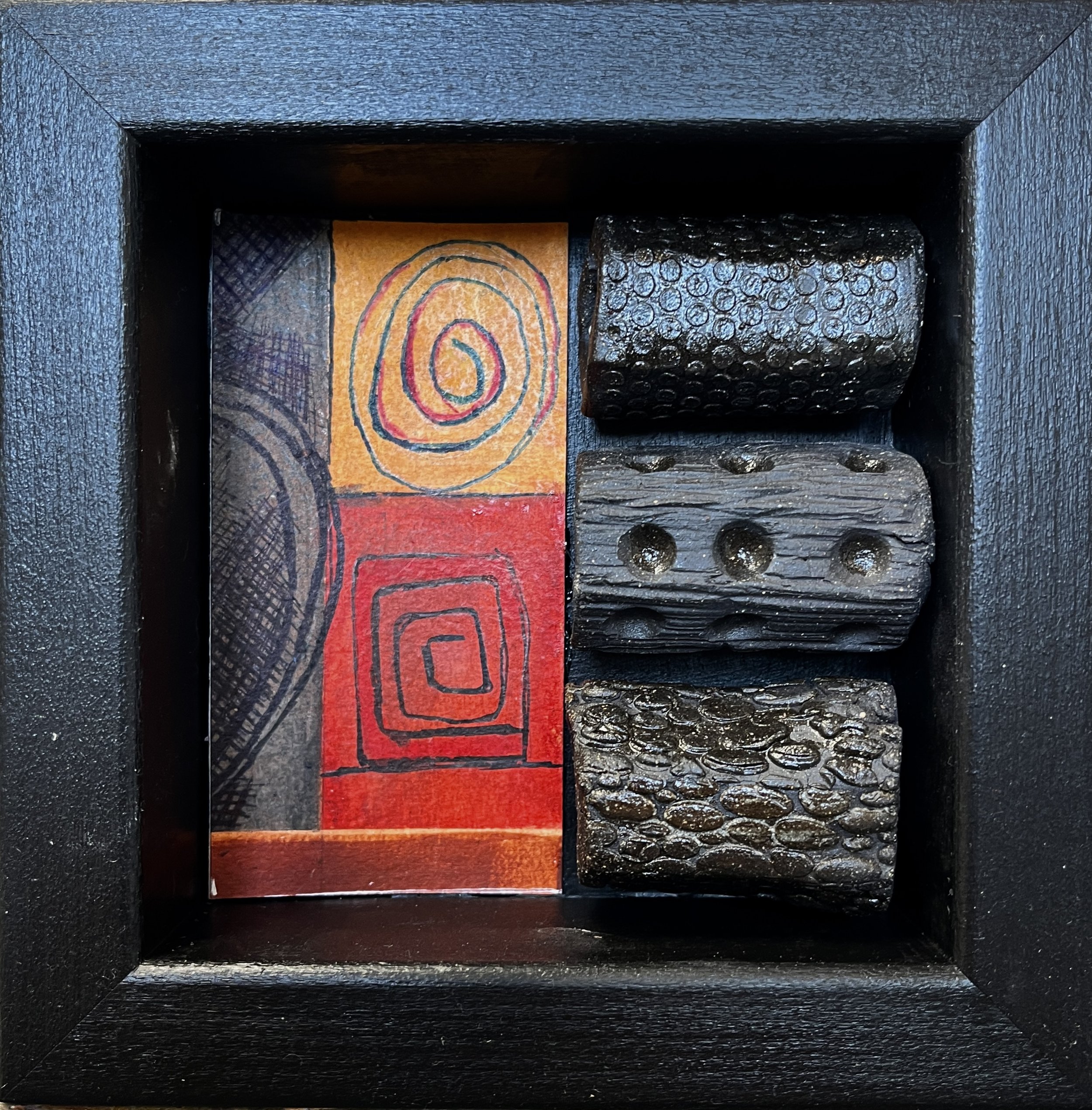 Circular Thinking Shrine, Mixed Media Ceramic with Oil Painting on Paper, 6"x6"x1.5", 2025