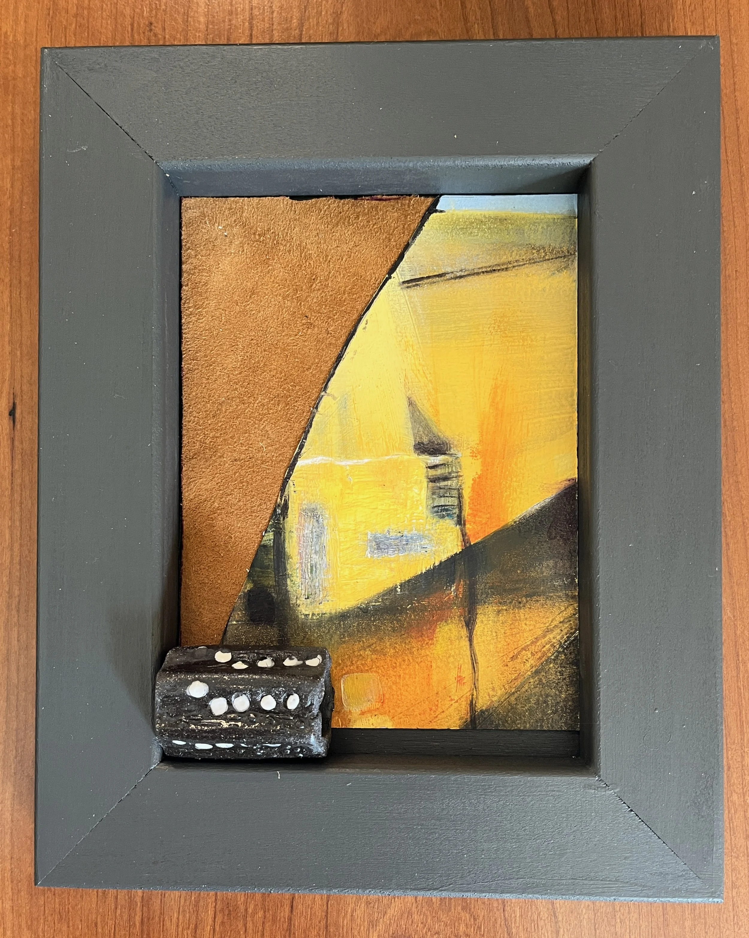 "Flames Climb Skyward", mixed media of artist's oil painting and ceramics, and leather in a cradled board, 8"x10", 2026
