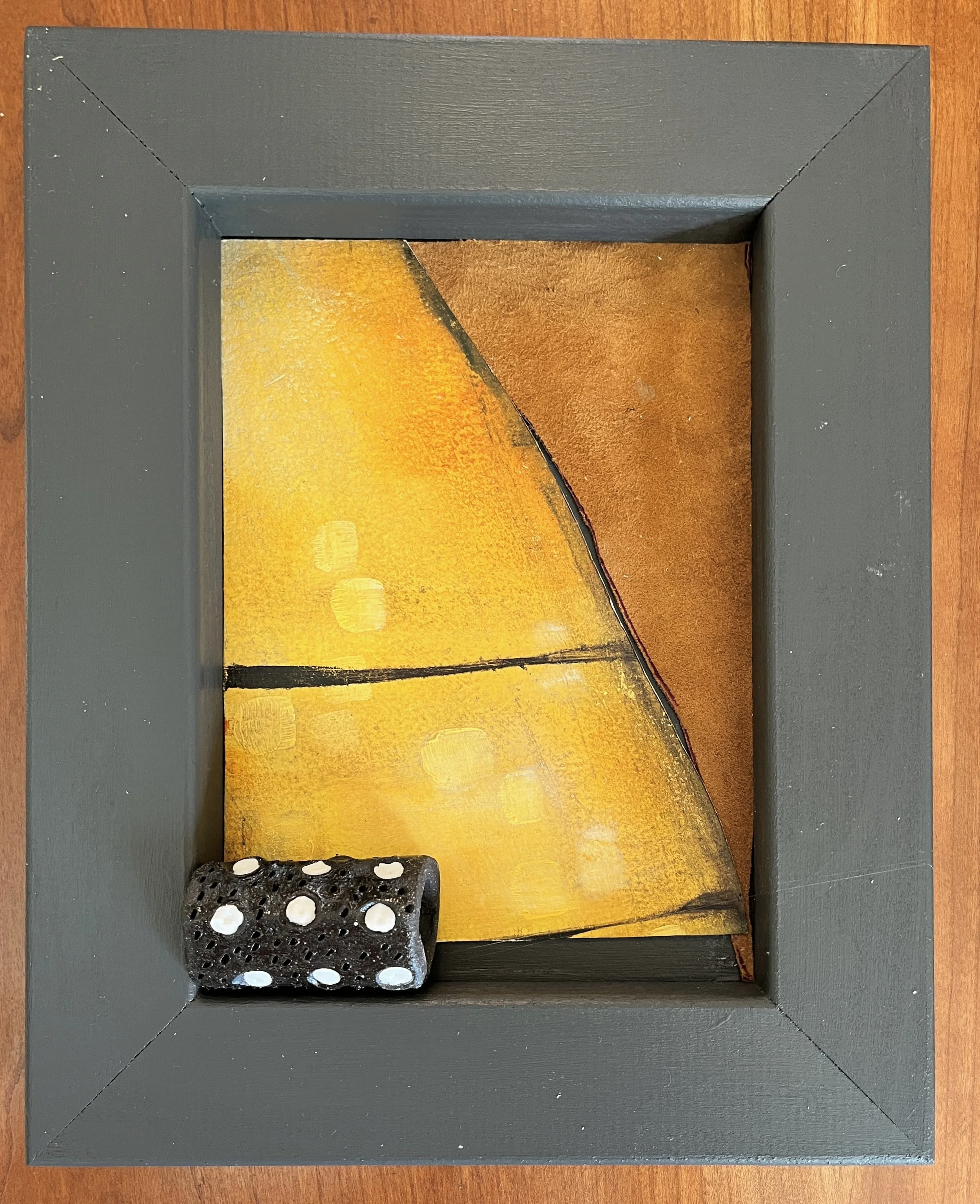 "Sparks Fly Upward", mixed media of artist's oil painting and ceramics, and leather in a cradled board, 8"x10", 2026