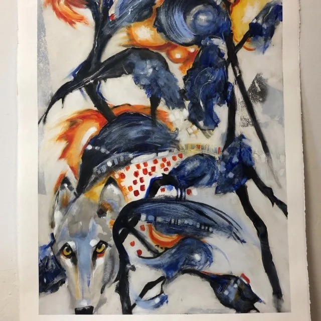 "Snow Wolf", Oil and textured gesso on Arches huile paper, 30"x 22", unframed, 2021