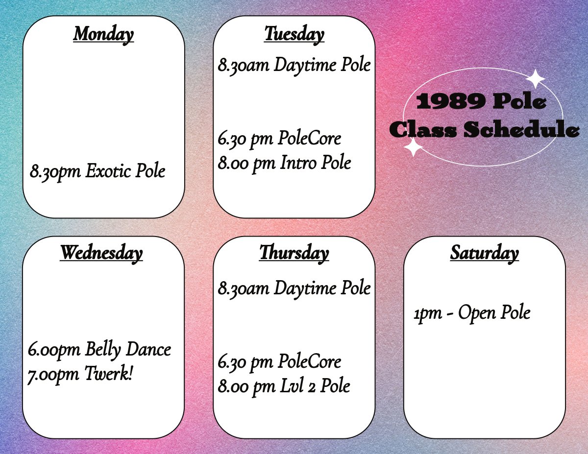Simplified schedule for July. Doing a 90 min 'PoleCore' combo class at 6.30 on Tues/Thurs. All levels and you can take both if you like (I still recommend intro to pole first). Will include conditioning/pre-hab and longer cool down stretches as well