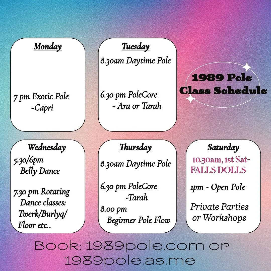 Current schedule!
One-off classes: twerk is back on August 13th and burlesque basics on August 27th.