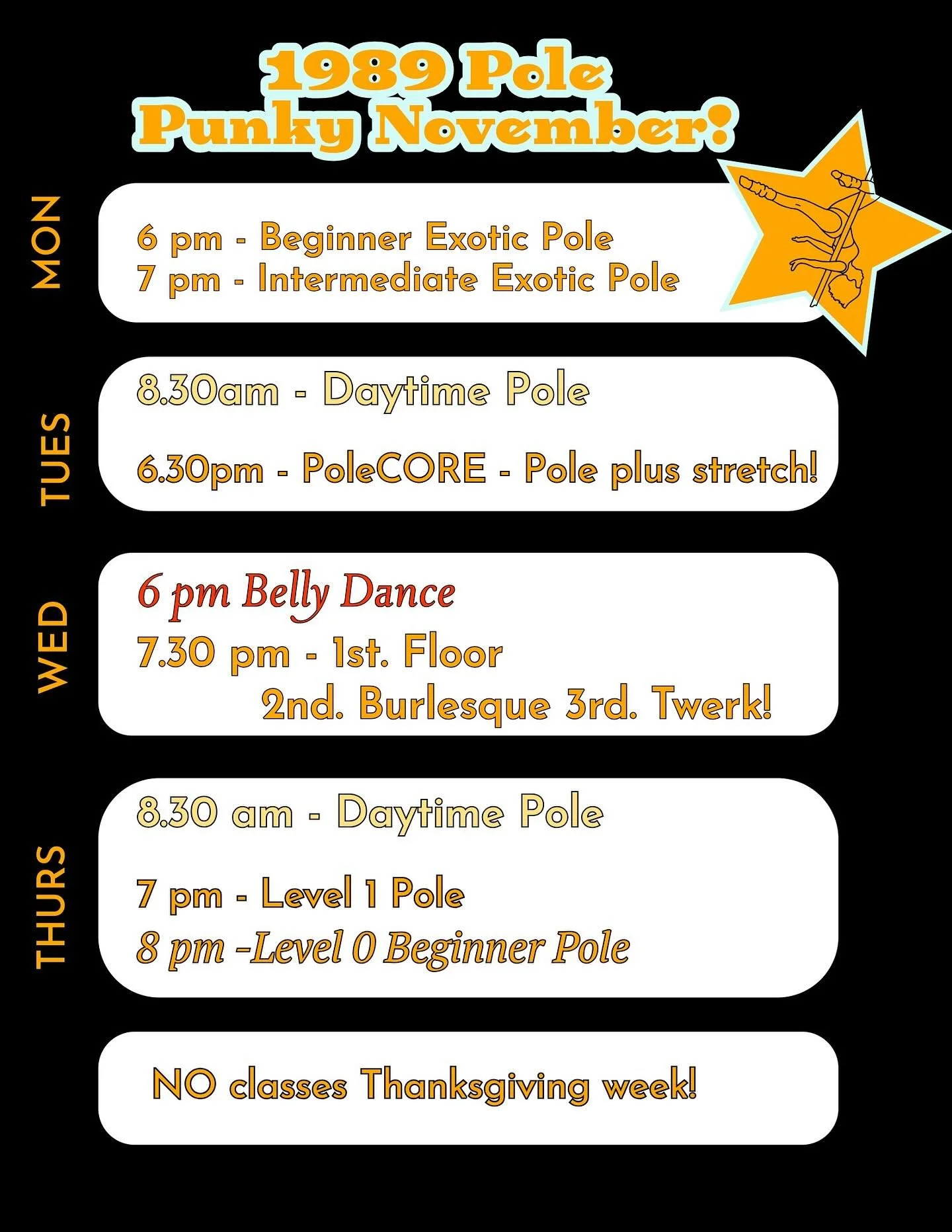 November Calendar is up!
 
NEW beginner Exotic class with Capri at 6pm Mondays starting Nov 3rd! Capri’s class is amazing but if you are new to pole it can be a bit challenging - so we are going to try having a beginner friendly class! The nice