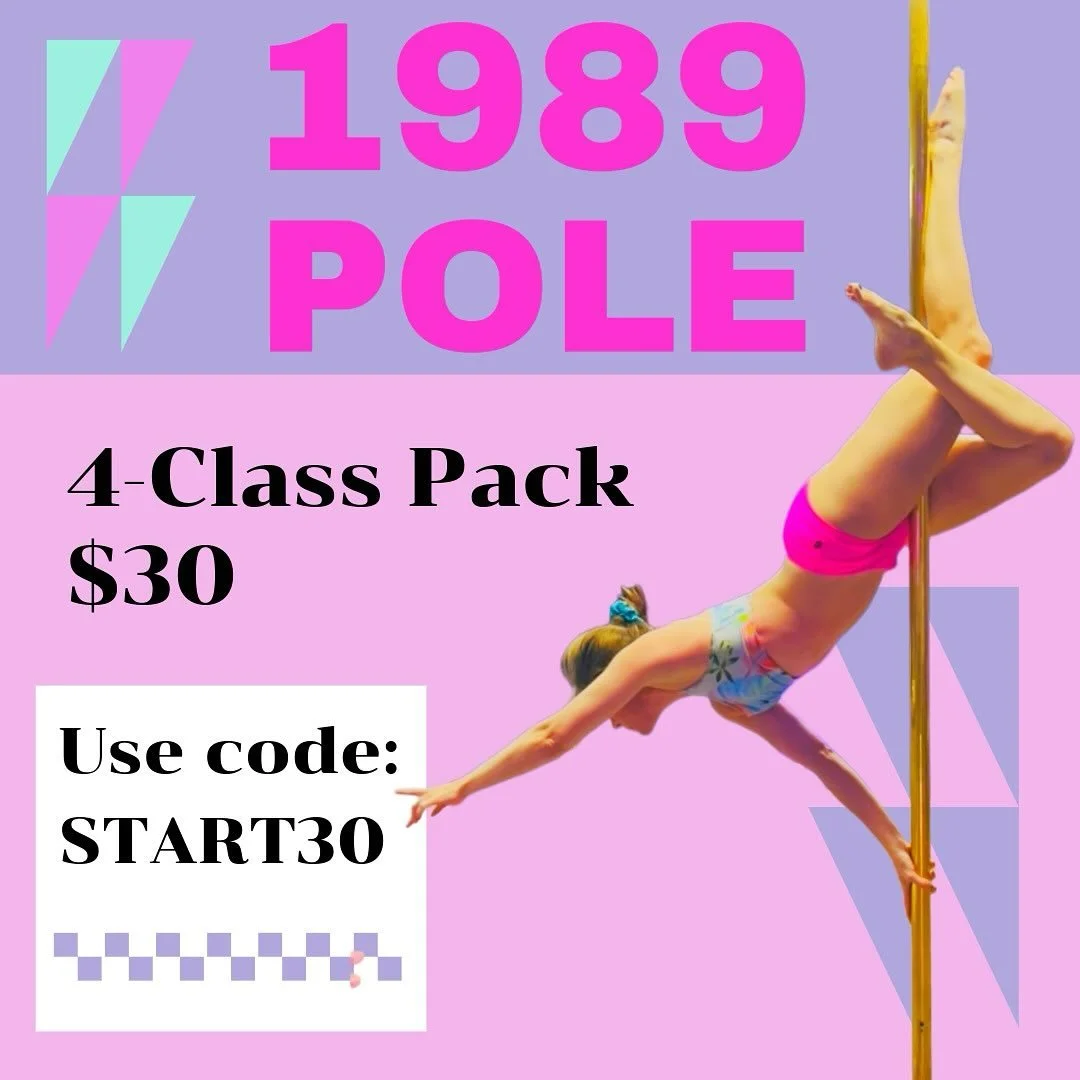 ✨ New Promo ✨
Try 4 classes for just $30!
Use code START30 for 50% off a 4-class pack.

We offer Pole and other fun dance fitness classes like Belly Dance, Burlesque and Twerk Classes!

Sign up at 1989pole.com/offer
(or find it under Start Here on th