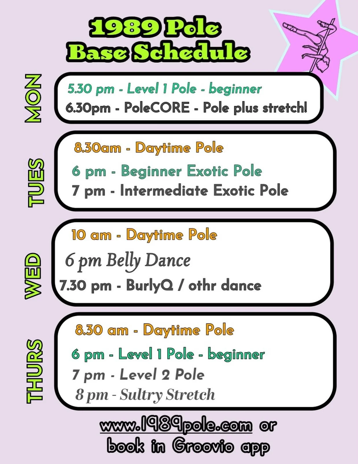 Current base schedule! 
Spring break twerk social next Wednesday (free but still signup- somewhat limited space) 
April 11/12 we have 4(🙀) workshops with @kelseynicole918  See workshop on Groovio app. (I&rsquo;ll post more info soon too)