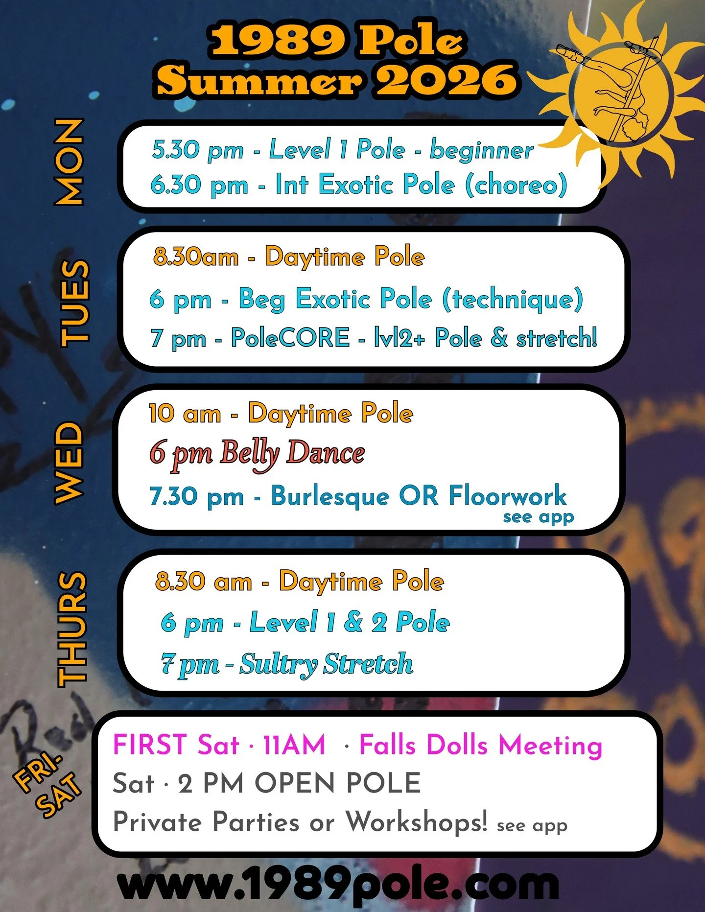 Summer Schedule starts June 8th! ☀️

NOTE: Regular schedule this upcoming week &mdash; and it&rsquo;s Capri&rsquo;s last week! 💔

Wednesday May 27th - Burlesque with Stella! 

Then ArtWalk week: FREE Intro to Pole class, (Exotic skipped one week) 

