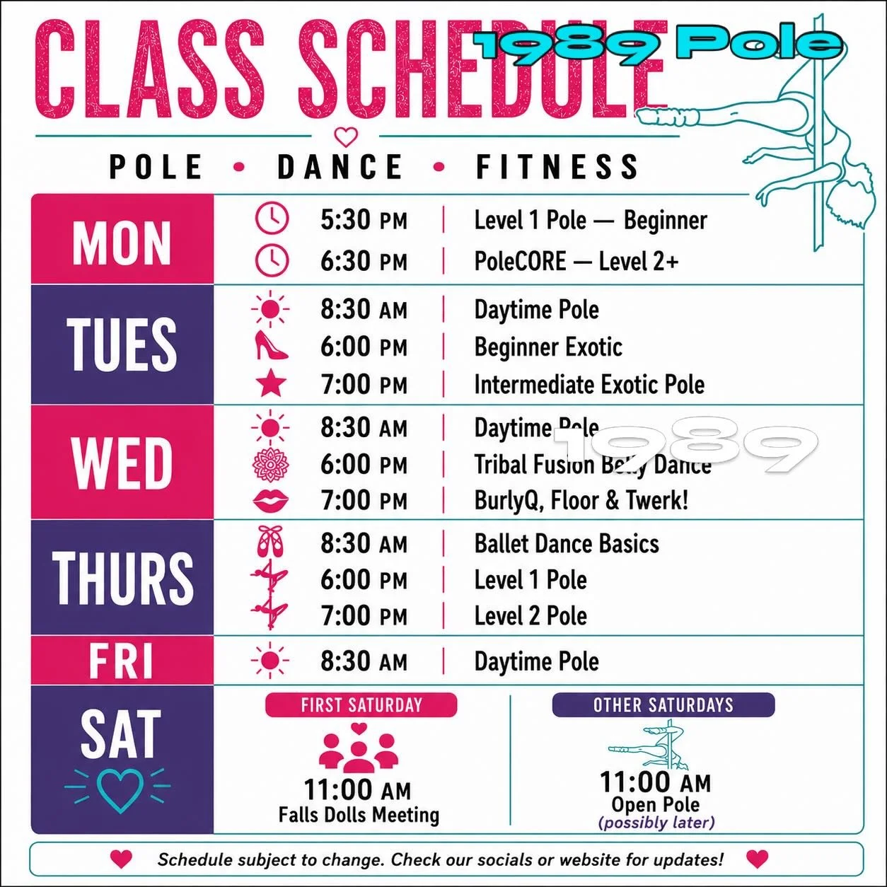 🍃Fall Schedule at 1989 Pole! 🦆

New classes, returning favorites, and more morning pole!

✨ Capri is back teaching Exotic Pole Tuesdays for Sept + Oct
🩰 NEW Ballet Dance Basics Thursdays at 8:30 AM
☀️ Daytime Pole now Tues, Wed &amp; Fri at 8:30 A