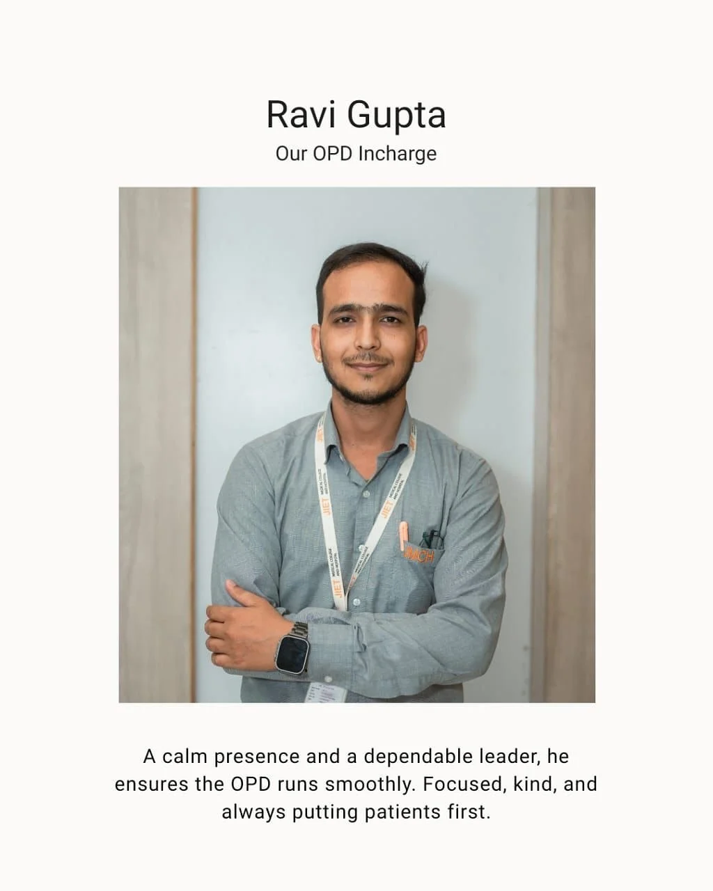 Behind every smooth hospital experience, there&rsquo;s someone like Ravi.

From billing queries to calming energy, he&rsquo;s got it all sorted.

And when he&rsquo;s not helping patients, he&rsquo;s vibing to music or chasing the next best street foo