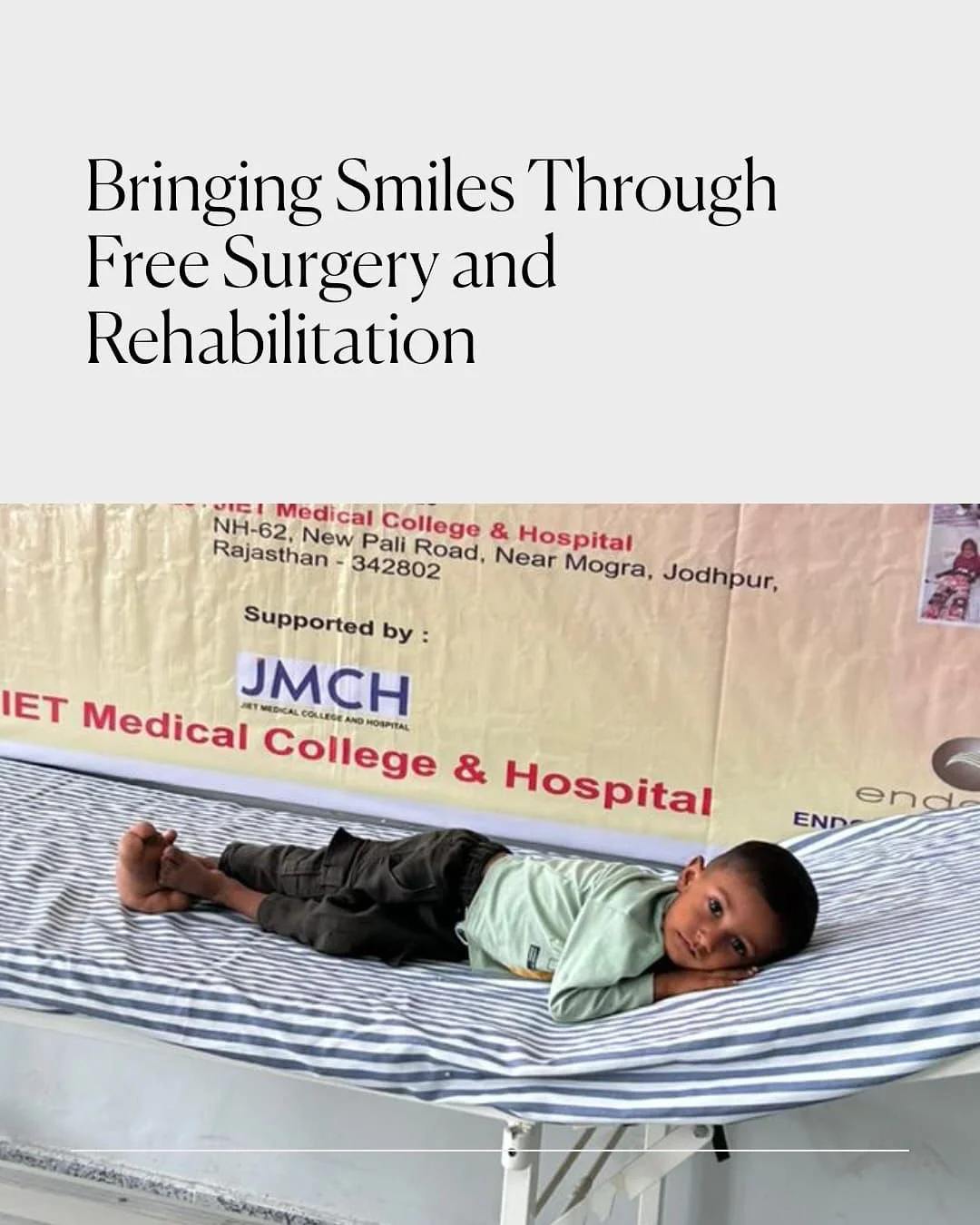 A heartfelt initiative that changed lives. 🙏

In association with ISHWAR (International Society for Human Welfare &amp; Rehabilitation, Delhi) and KbH (Kinderf&uuml;&szlig;e brauchen Hilfe, Germany), a free surgical and prosthetic camp was organized