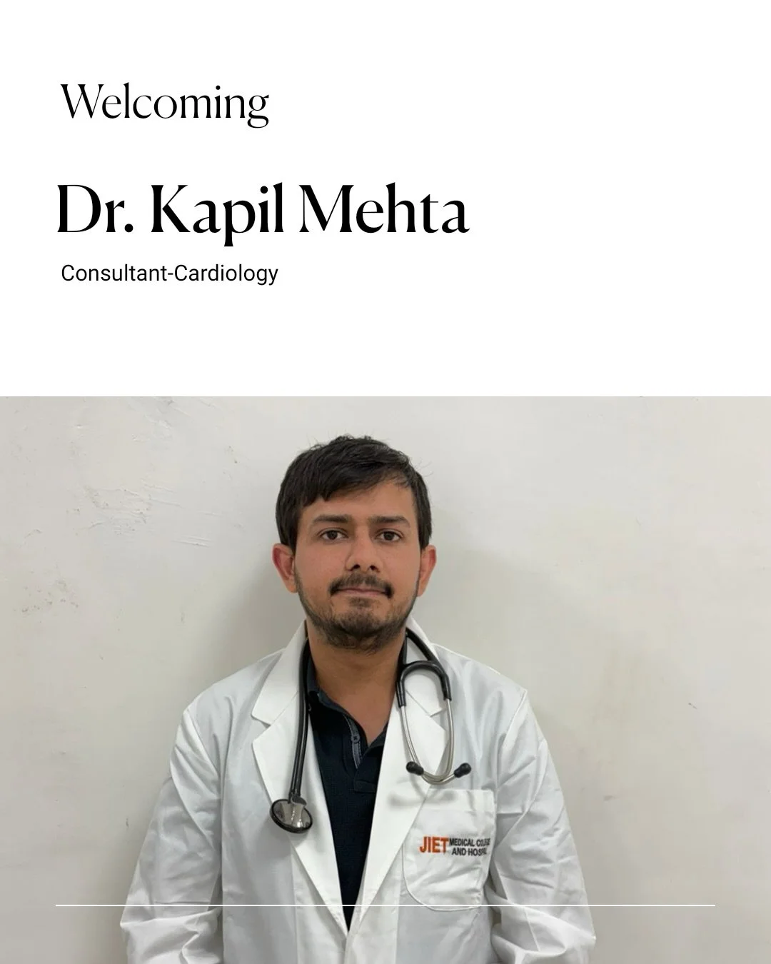 We are delighted to welcome Dr. Kapil Mehta, Consultant &ndash; Cardiology, to the team of JMCH . 
With strong experience in diagnosing and managing heart conditions, Dr. Mehta is committed to guiding patients towards better heart health and long-ter