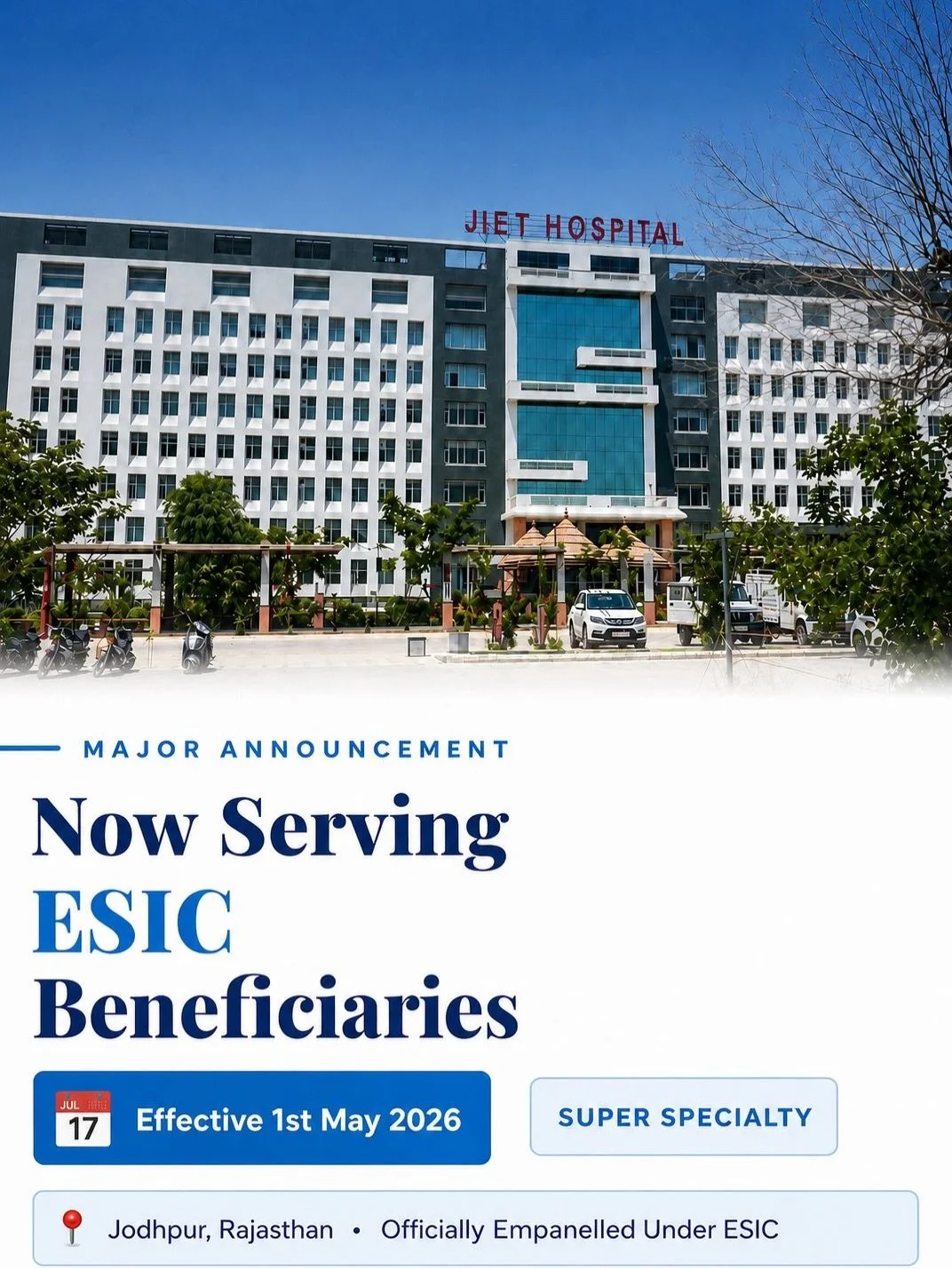 We are proud to announce that Super Speciality Services are now available under the ESIC Scheme.
Now offering expert care in:
&bull; Radiation Oncology
&bull; Surgical Oncology
&bull; Medical Oncology
&bull; Urology
&bull; Cardiology
&bull; Neurology