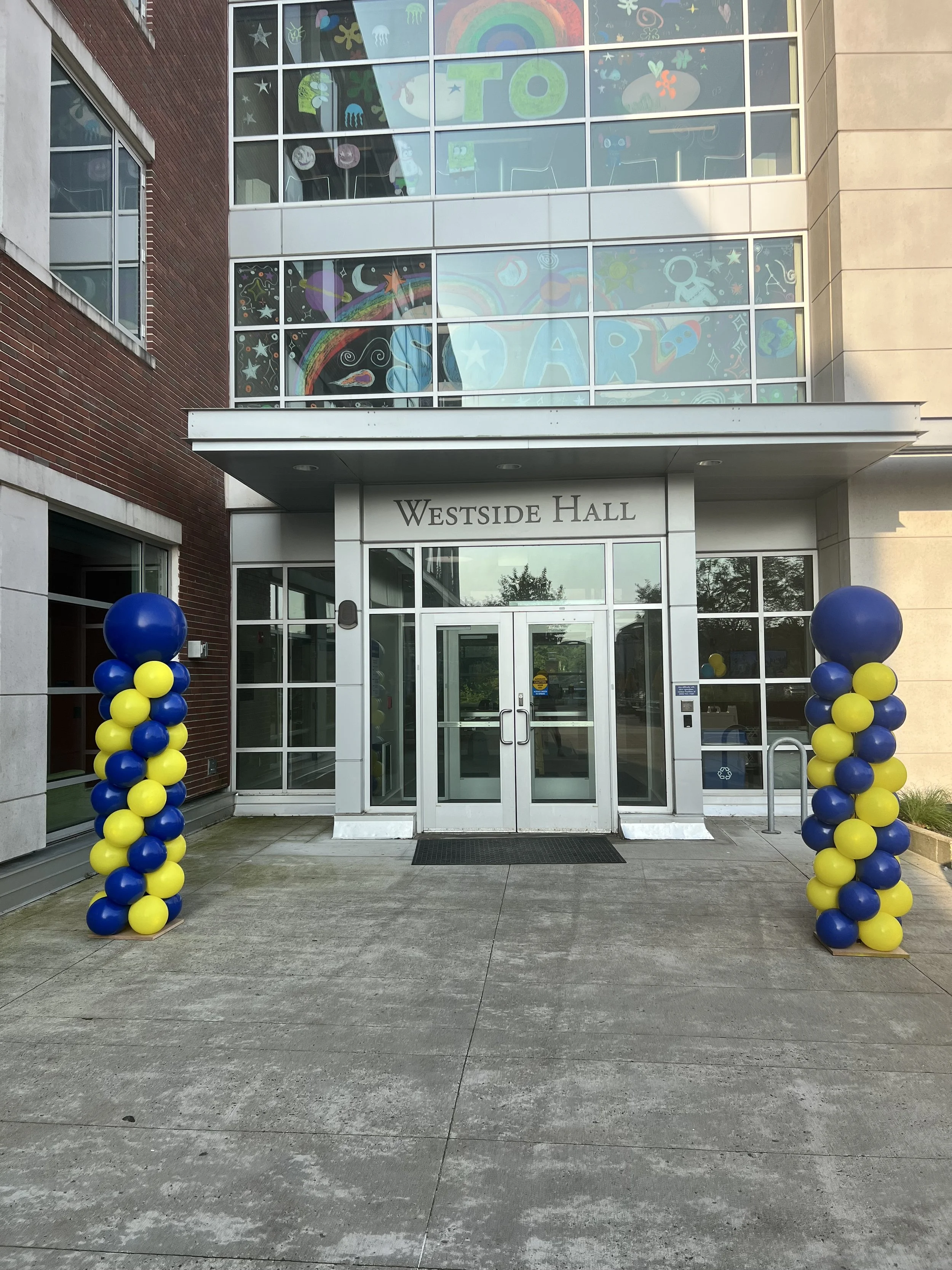 blue and yellow balloon columns for a college event in west haven Connecticut