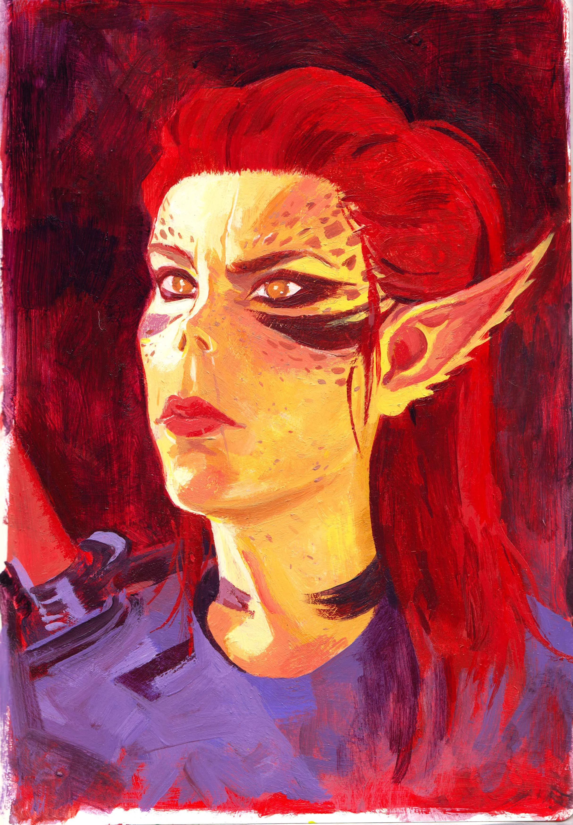 Lae'zel from Baldur's Gate III Against Red Background, 2024. Acrylic on paper. 